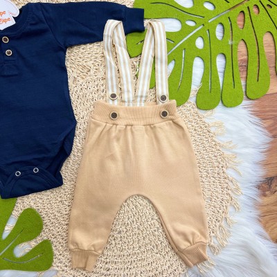 Conj. Body Manga Longa e Calça Saruel com Suspensório - Marinho